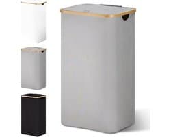 Wasmand 85 liter opvouwbaar met deksel en waszak, bamboe hout, smal design, grijze wasverzamelaar.