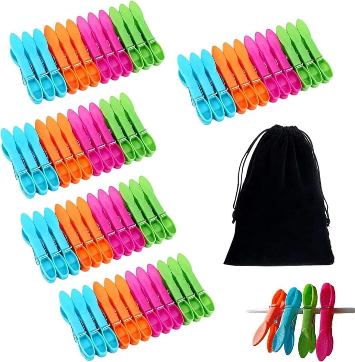 60 stuks wasknijpers met draagbare opbergtas, hoogwaardig PP-materiaal en roestvrijstalen veren, antislip no-mark clips voor binnen en buiten, ideaal voor wasserette, thuis, reizen — afbeelding 1