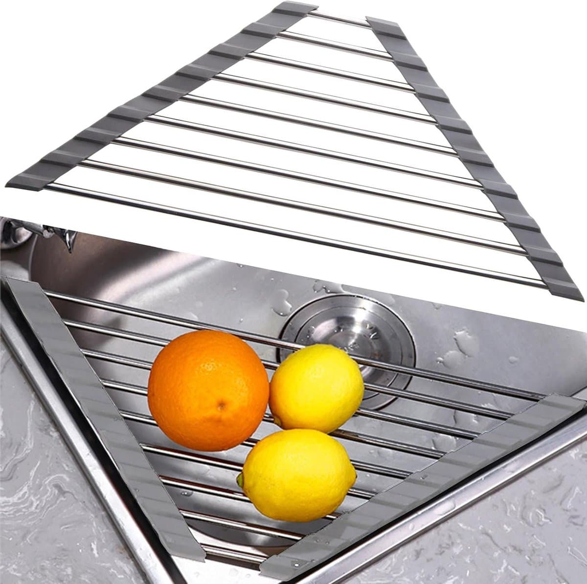 Triangulaire RVS Afwasrek voor de Gootsteen - Oprolbaar Droogrek voor Groenten, Fruit en Borden (Grijs) — afbeelding 1