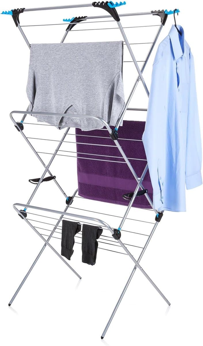 3 Tier Plus kledingluchter, droogrek voor kleding, 21 m waslijn, wasruimte, opvouwbare binnenluchter, inclusief 4 hoekhaken, ruimtebesparend kledingrek, binnen en buiten gebruik — afbeelding 1