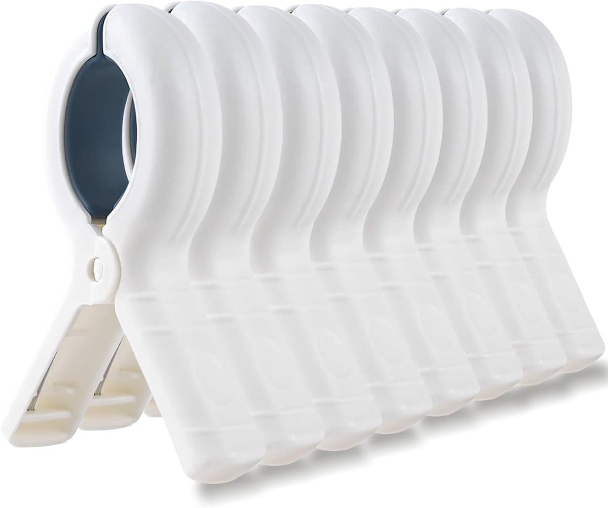 8 stuks handdoekclips voor ligstoelen, witte grote strandhanddoekclips voor ligbedden, strandharingen voor handdoeken, wasknijpers, zonnebedhanddoekclips, zonnebankharingen voor strandhanddoeken — afbeelding 1