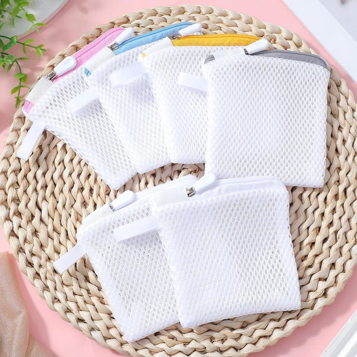 6 stuks wasnet, klein, waszak, net met honingraatstructuur en ritssluiting, 10 x 10 cm, voor waskralen, fijnwasgoed, ondergoed, beha en sokken — afbeelding 1