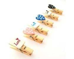 Mini Kledingknijpers van Hout met Liefde en Hartjes, Inclusief 2.4 m Jute Touw voor Creatieve Projecten en Decoratie