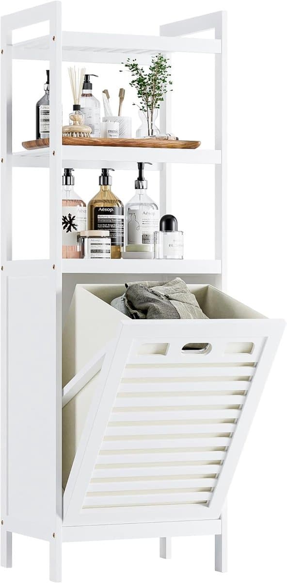 Wasmand Kast - Badkamerkast met 3 Planken - Wit - Bamboe — afbeelding 1