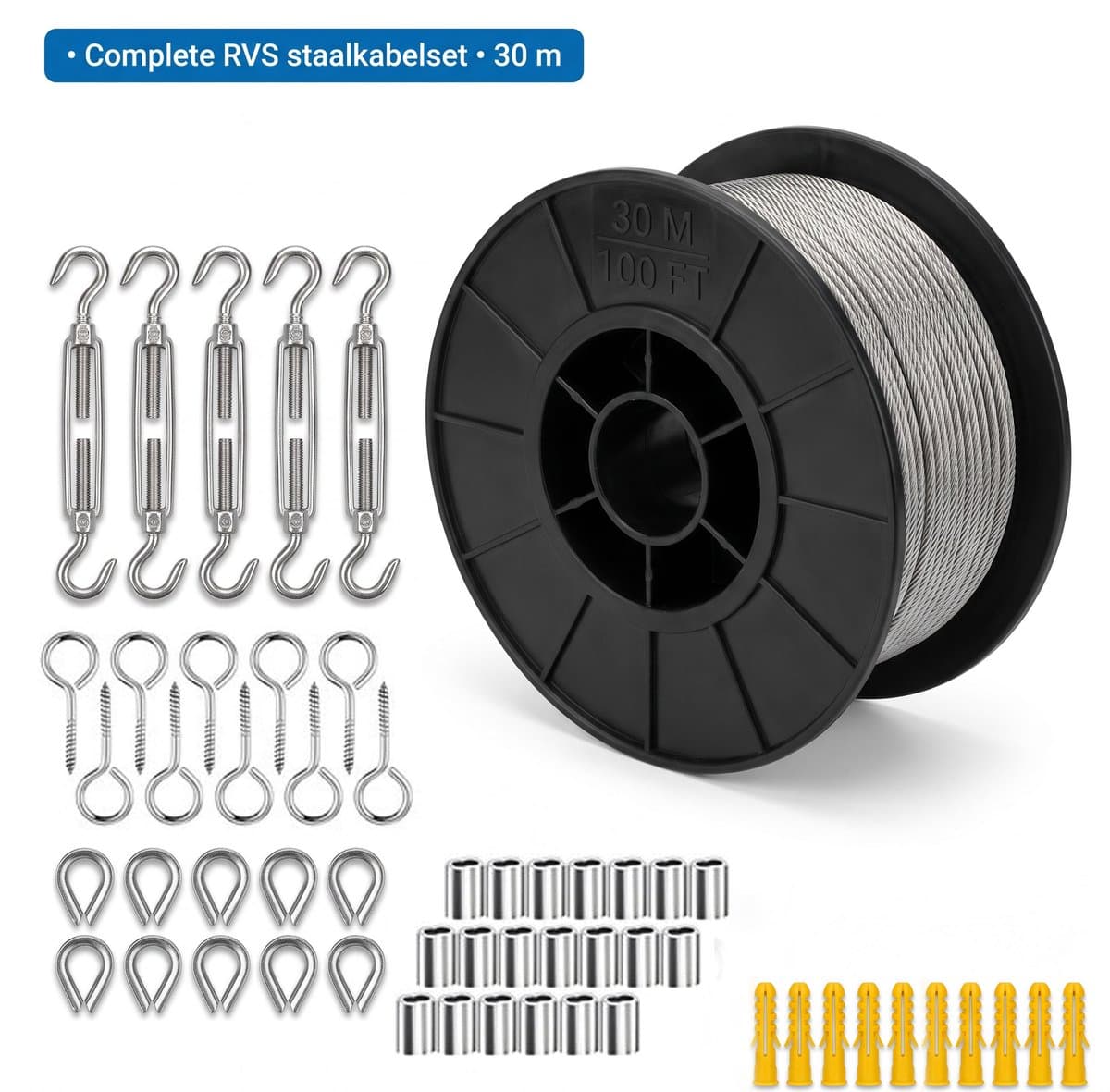 Namajunas - 56 stuks staalkabelset - Buitenverlichting geleidedraad - 30M/100FT 304 roestvrijstalen draadkabel - Staalkabel met oogjeshaken - voor Buiten Tuin Keuken - M5 spanschroef staalkabel - Spandraad systeem Voor Klimplanten - Waslijn — afbeelding 1