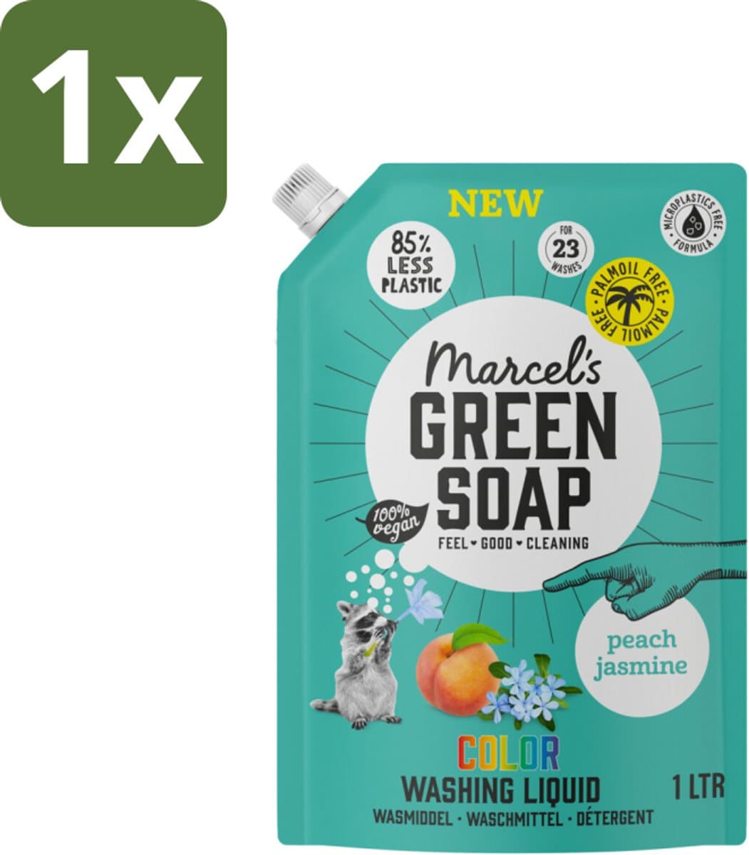 1 x Marcel's Green Soap - Vloeibaar Wasmiddel - Kleur - Navulling - Perzik & Jasmijn - Effectief & natuurlijk - 23 Wasbeurten - 1 liter - Wasmiddel - Geur - Kleur - Duurzaam - Natuurlijk — afbeelding 1
