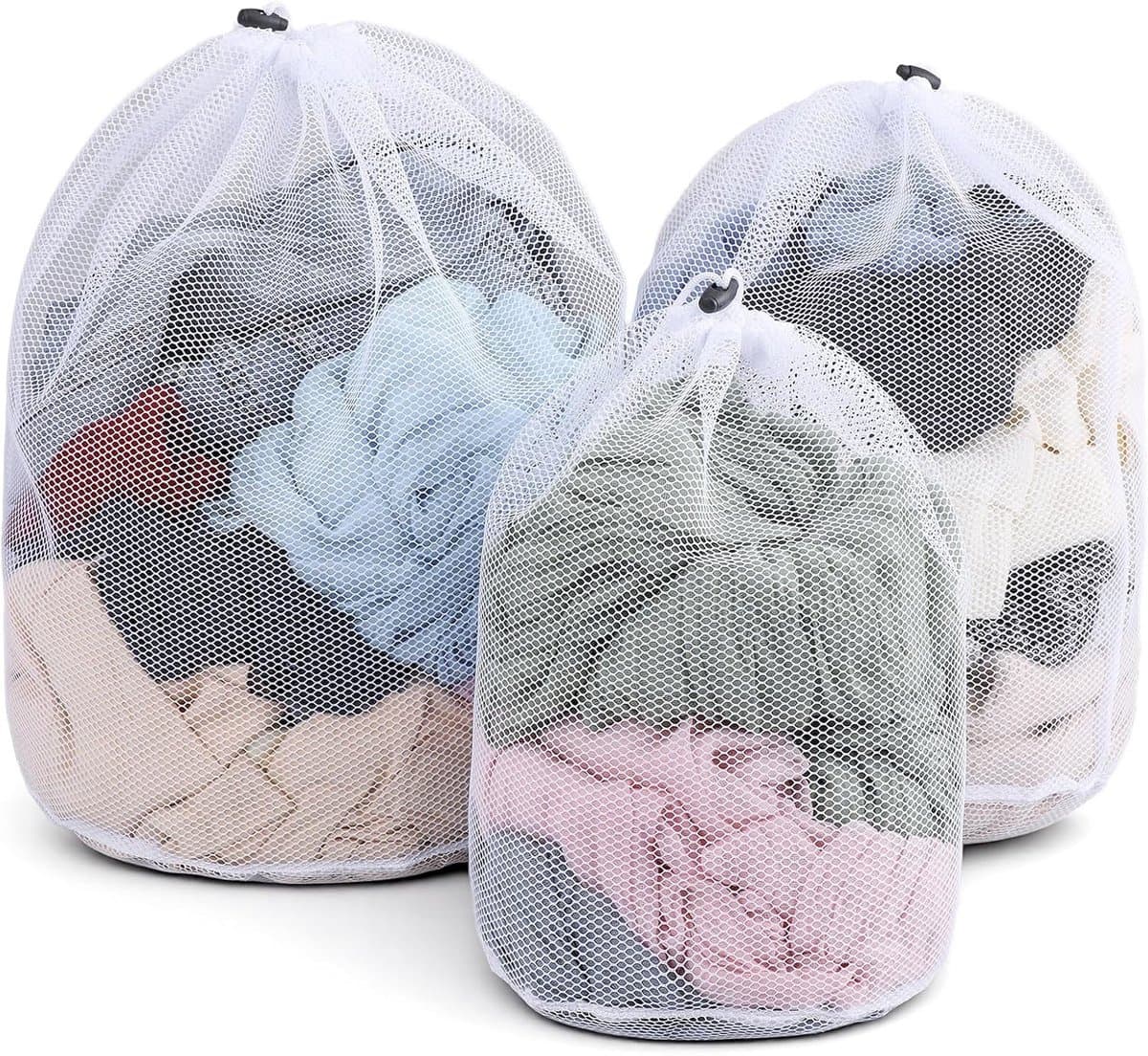 Set van 3 waszakken voor wasmachine, mesh wasnetten met trekkoord, beschermt kleding tegen vervorming en slijtage, maten 30 x 40, 40 x 50, 50 x 60 cm — afbeelding 1