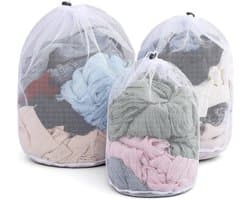 Set van 3 waszakken voor wasmachine, mesh wasnetten met trekkoord, beschermt kleding tegen vervorming en slijtage, maten 30 x 40, 40 x 50, 50 x 60 cm