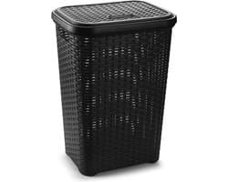 PlasticForte Wasmand met deksel - 60 liter - zwart - rotan - kunststof - L35 x B43 x H62 cm