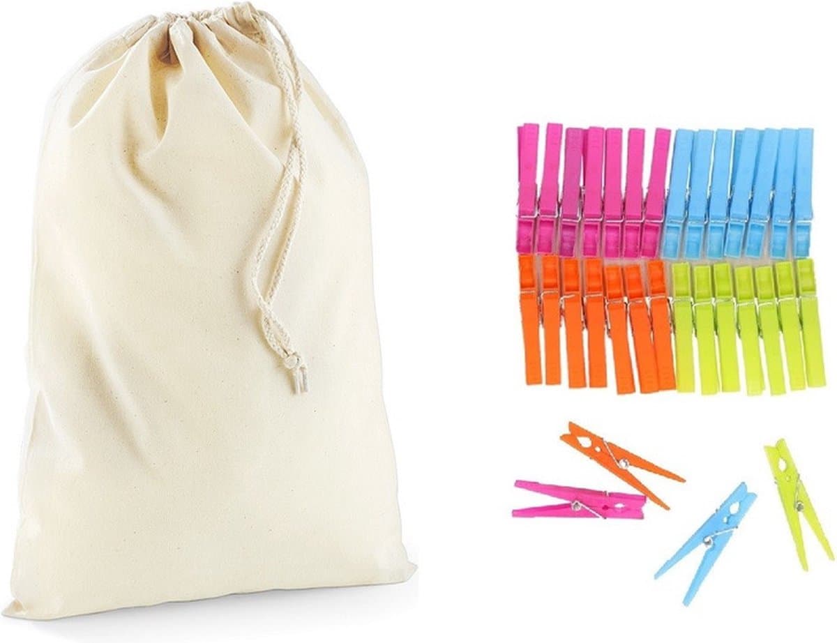 Wasknijperzakje / tasje met afsluitkoord en 32 plastic wasknijpers in verschillende kleuren - knijperzak / opbergtas — afbeelding 1