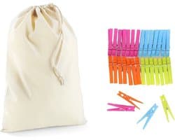 Wasknijperzakje / tasje met afsluitkoord en 32 plastic wasknijpers in verschillende kleuren - knijperzak / opbergtas