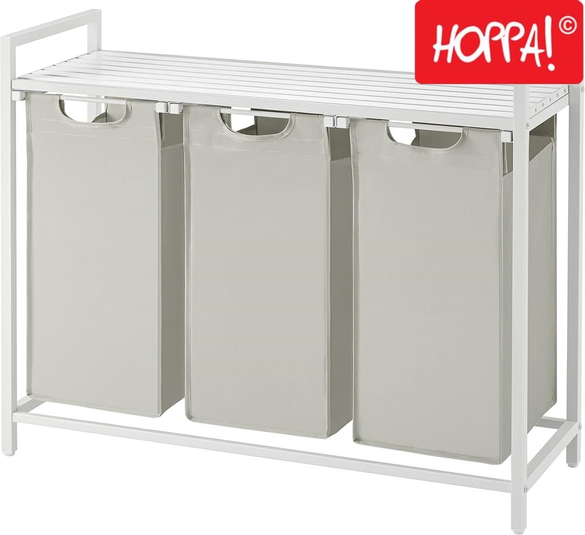 Hoppa! - Wasmand 3 vakken - Met plank & uitschuifbare waszakken - 3x38 liter - 92x33x72 cm - wit — afbeelding 1