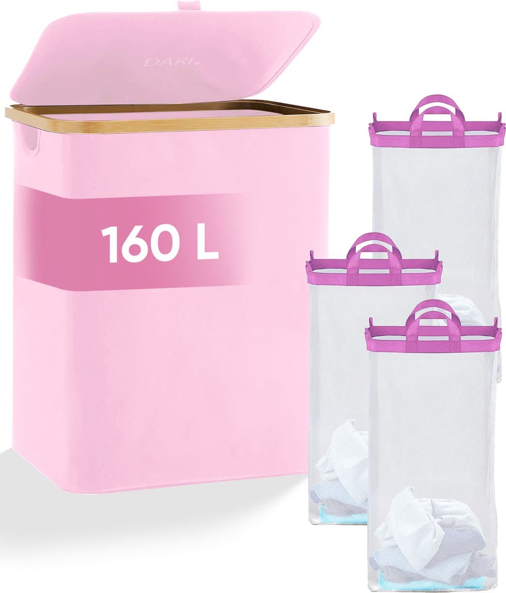 DARI. - Wasmand 3 vakken - Wassorteerder - 160L - met 3 uitneembare zakken - wasmand - roze - knopen — afbeelding 1