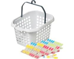 Wasknijpers ophang mandje/bakje - wit - met 60x plastic soft grip knijpers