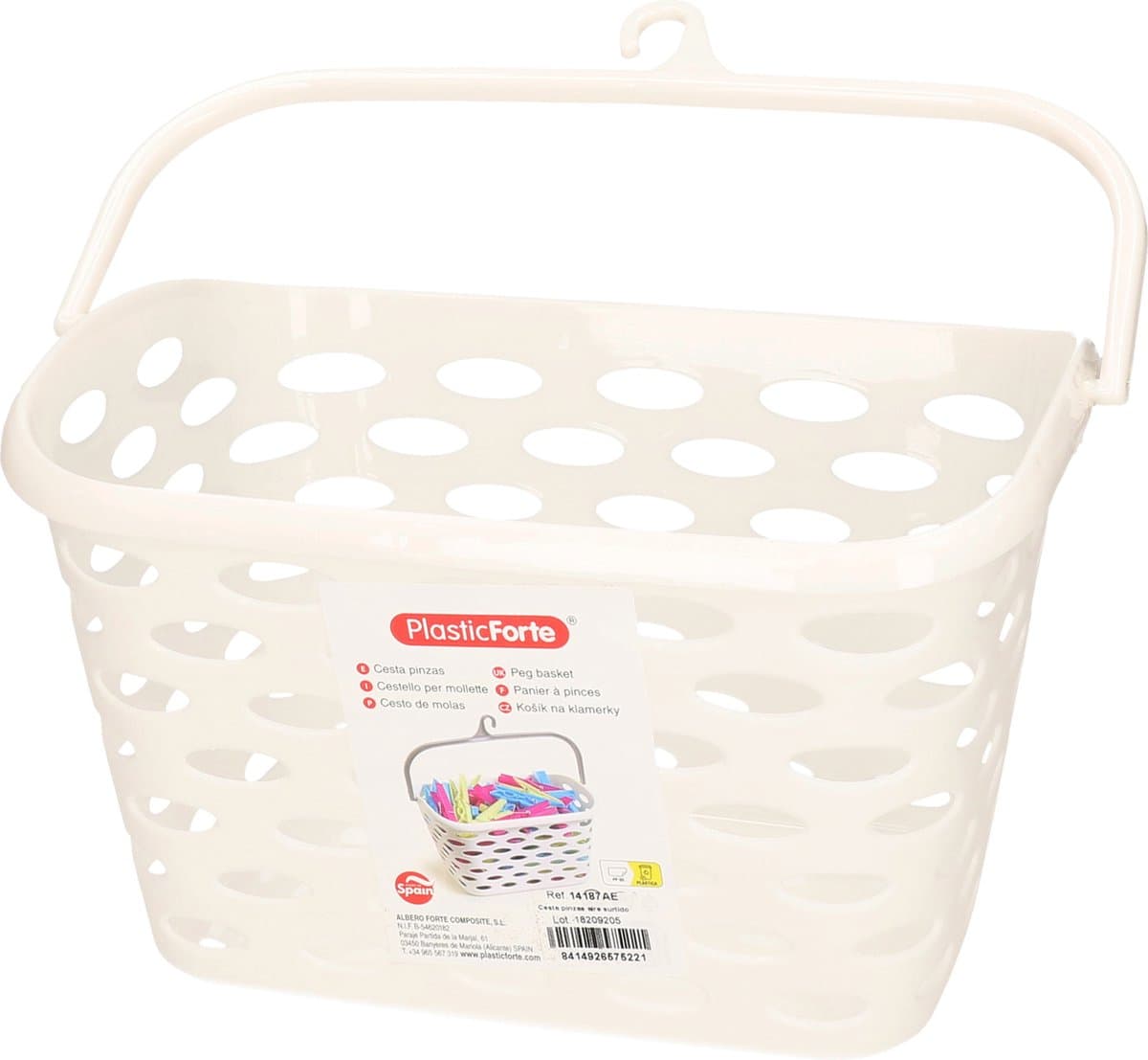 Plasticforte Wasknijpers ophang mandje aan haak - 26 x 15 x 21 cm - creme wit - kunststof — afbeelding 1