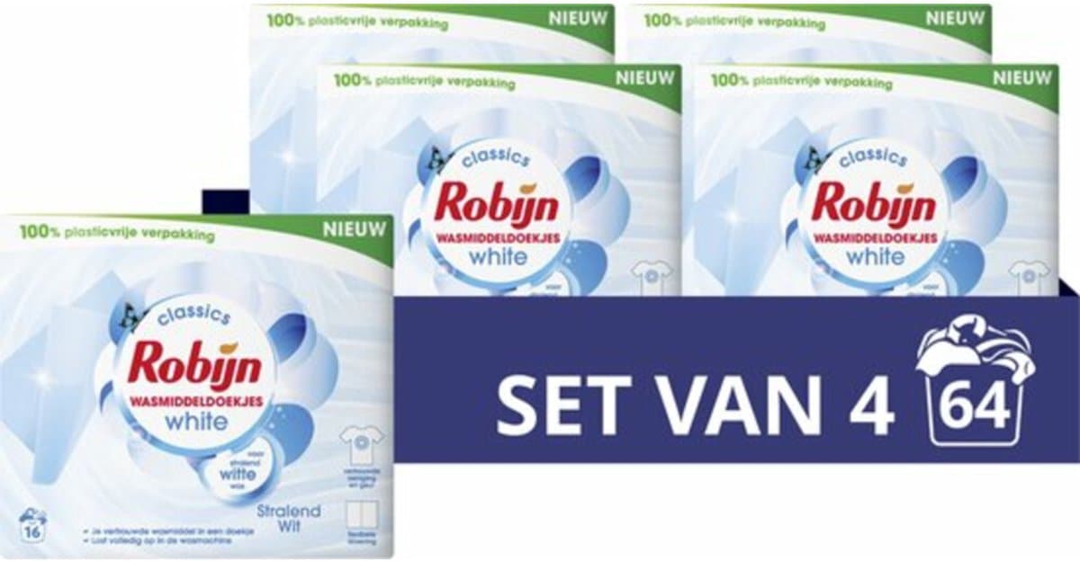 Robijn - Wasmiddeldoekjes Stralend Wit - 4 x 16 stuks - Voordeelverpakking — afbeelding 1