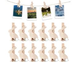 Mini Houten Wasknijpers - Houten Clips Paasklemmen - Decoratief Bevestigen - Konijn Vorm - 12 stuks - Wit
