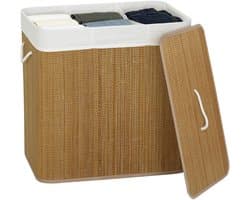 Scaleunion Luxe Bamboe Wasmand - met 3 vakken – wassorteerder met deksel - 144L met Deksel : Bruin