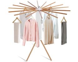 Dailygoody - Droogrek voor Kleding - Opvouwbaar Kledingrek - Houtkleur - Waslijnrek met 16 Hangende Staven - Max. Capaciteit 40 Kg - Geschikt voor Thu...