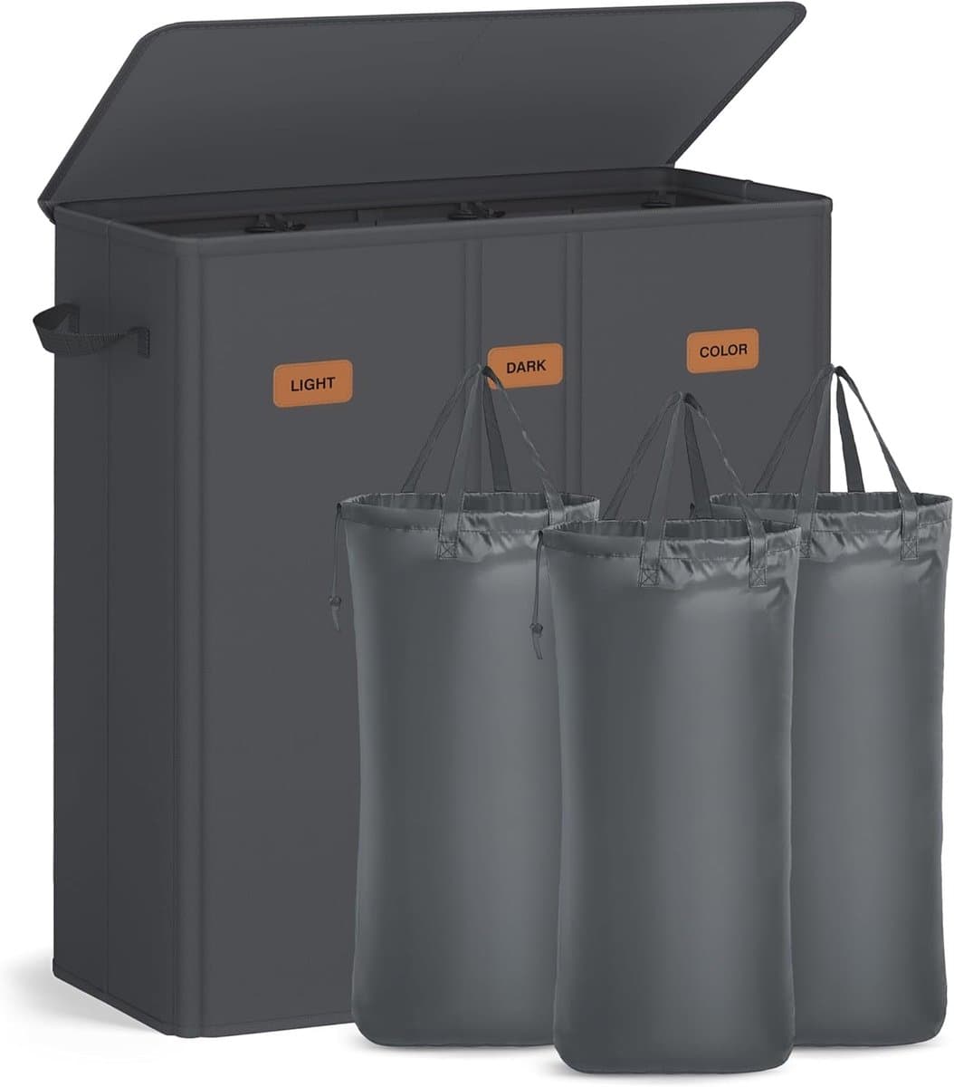 Wasmand 3 Vakken – 160L – Met Deksel – Uitneembare Binnenzak – Opvouwbaar – Oxford Stof – 64 × 33 × 75 cm – Donkergrijs — afbeelding 1
