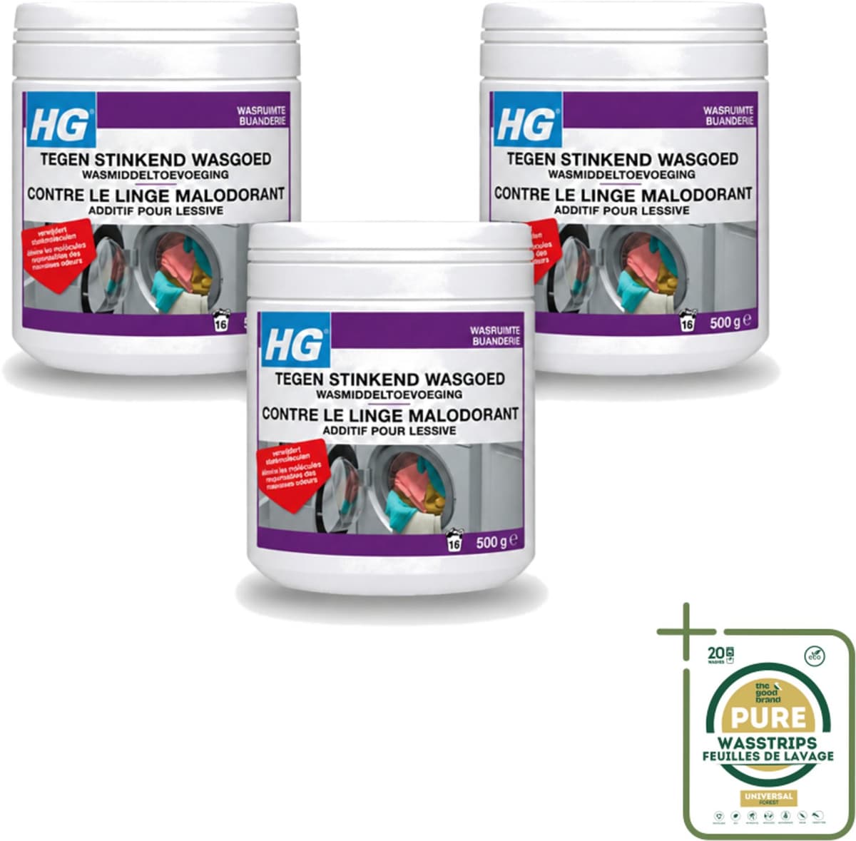 3 x HG - Wasruimte - Tegen Stinkend Wasgoed - Wasmiddeltoevoeging - 500 g - Wasstrips - Wasmiddel Tegen Stank - Stinkend Wasgoed - Wasmiddel Toevoeging - Stankmoleculen Verwijderen - Fris Wasgoed — afbeelding 1