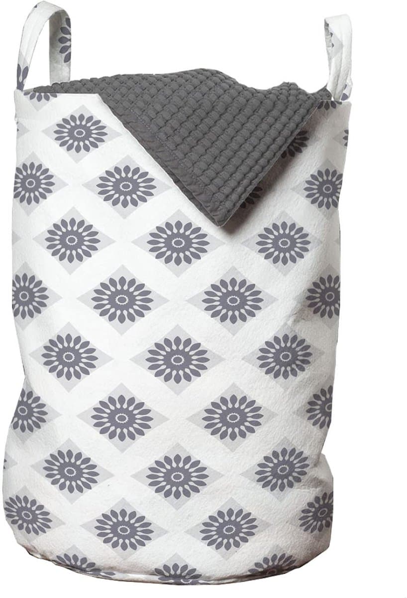 ABAKUHAUS Jaargang Waszak, Grijze Vierkantjes Met Bloemen, Wasmand met Handgrepen en Trekkoordsluiting voor wasserettes, 33 cm breed x 49 cm hoog, Grijs, Grijs, Wit — afbeelding 1