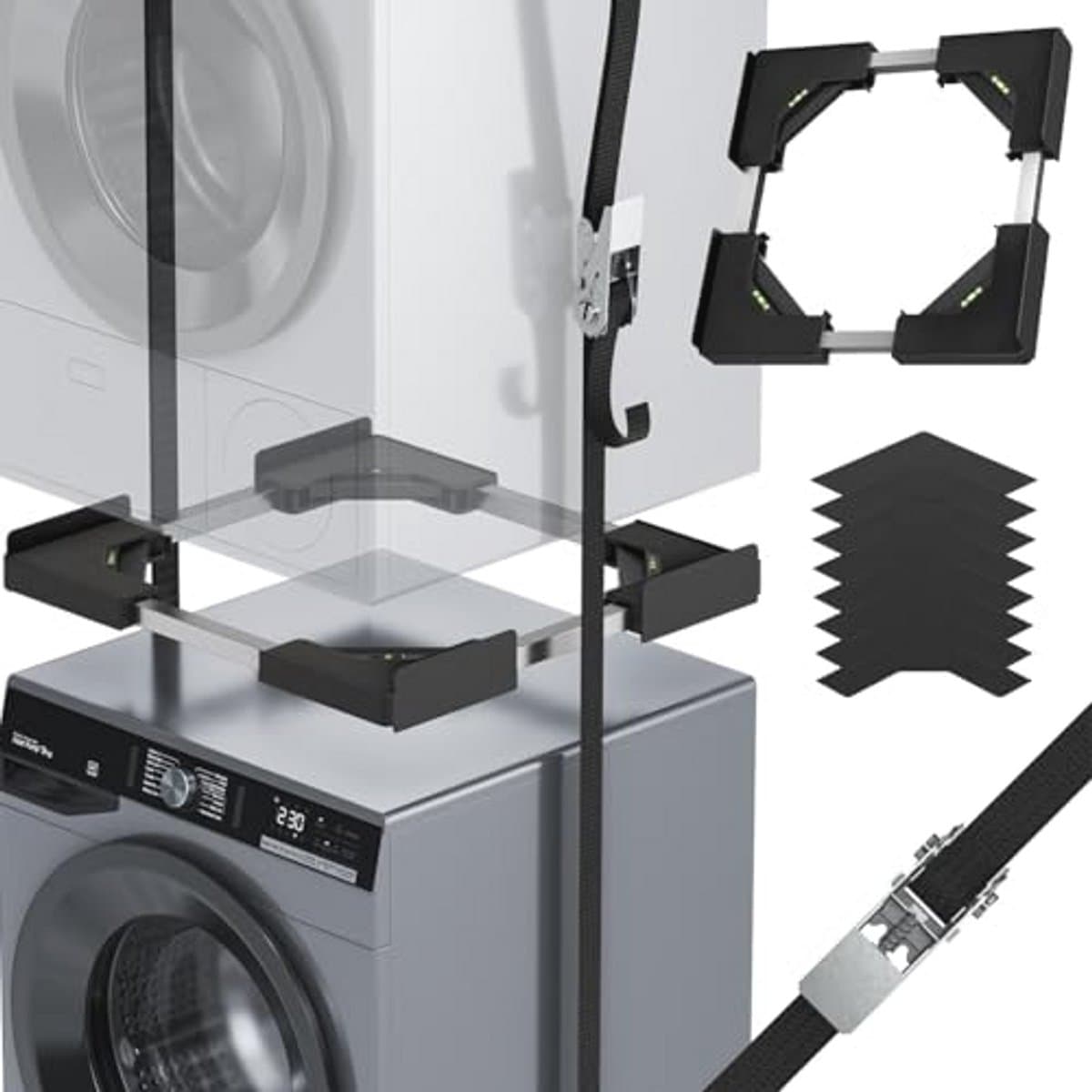 JHCHU Universal Stacking Set for Washing Machine and Dryer, Adjustable Intermediate Frame 45 - 68 cm, Ideal for Washing Machine and Dryer Connection (Black) — afbeelding 1