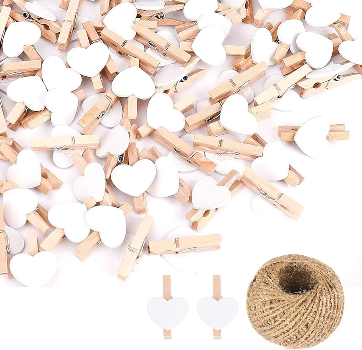 Houten Knijpers - Mini Clips - Creatief Knutselen - Hartvorm Design - 100 Stuks - Wit — afbeelding 1