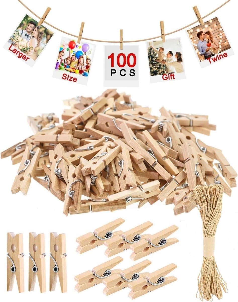 100 Mini Houten Knijpers met 12m Jute Touw voor Foto's en Decoratie — afbeelding 1