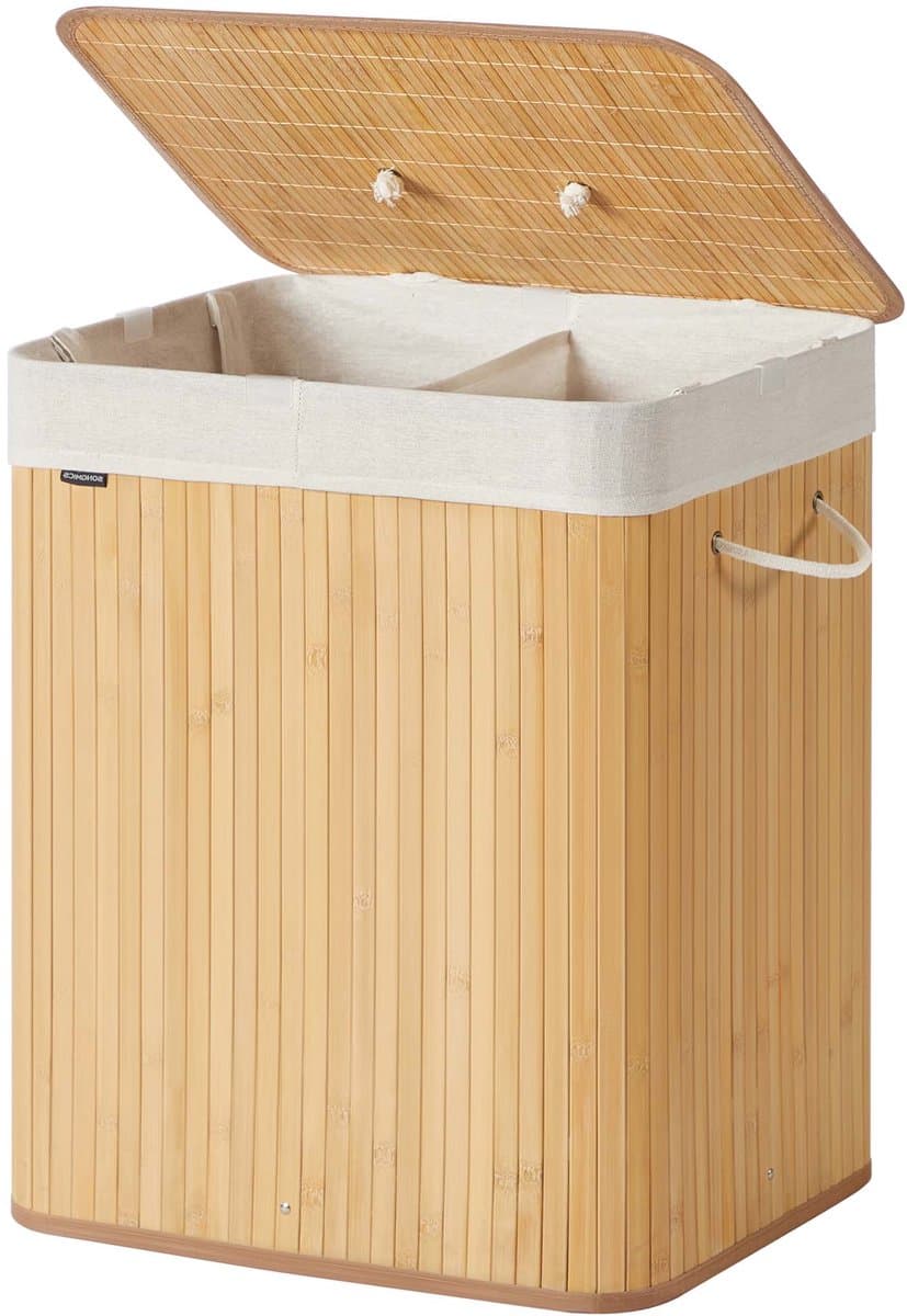 Dubbele compartiment wasmand opvouwbare opbergmand, 50x40x61cm naturel, 120L grote capaciteit, met deksel tegen stof en geurtjes, met afneembare en machinewasbare waszak en handgrepen, geschikt voor badkamer, slaapkamer of wasruimte — afbeelding 1