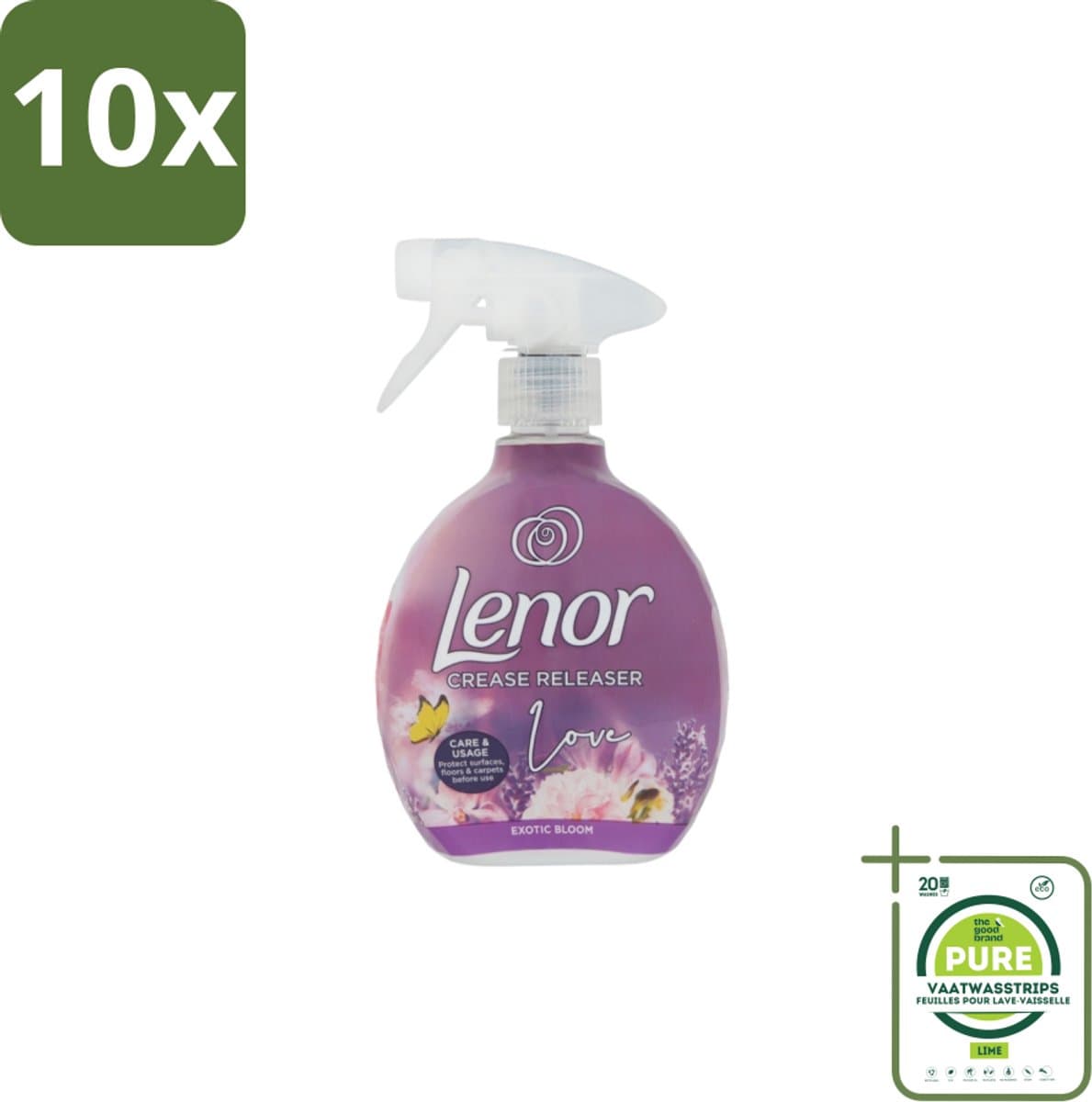 10 x Lenor – Crease Releaser Spray – Love Exotic Bloom – Kreukverwijderaar & Textielverfrisser – 500 ml - Grootverpakking - Kreukverwijderaar - Textielverfrisser - Stofverzachtener - Stofverfrisserspray - Kledingverzorging — afbeelding 1