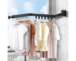 Wandmontage droogrek kledingstang 120 cm uittrekbaar inklapbaar - wasrek met 18 ophanghaken voor balkon en wasruimte
