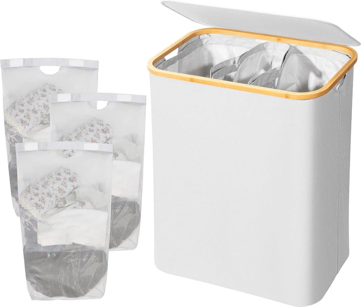 Adel Dream Wasmand met deksel - 3 vakken - ingeklapte wasmand - 160 liter - lichtgrijs - ruime capaciteit wasmand 3 vakken — afbeelding 1