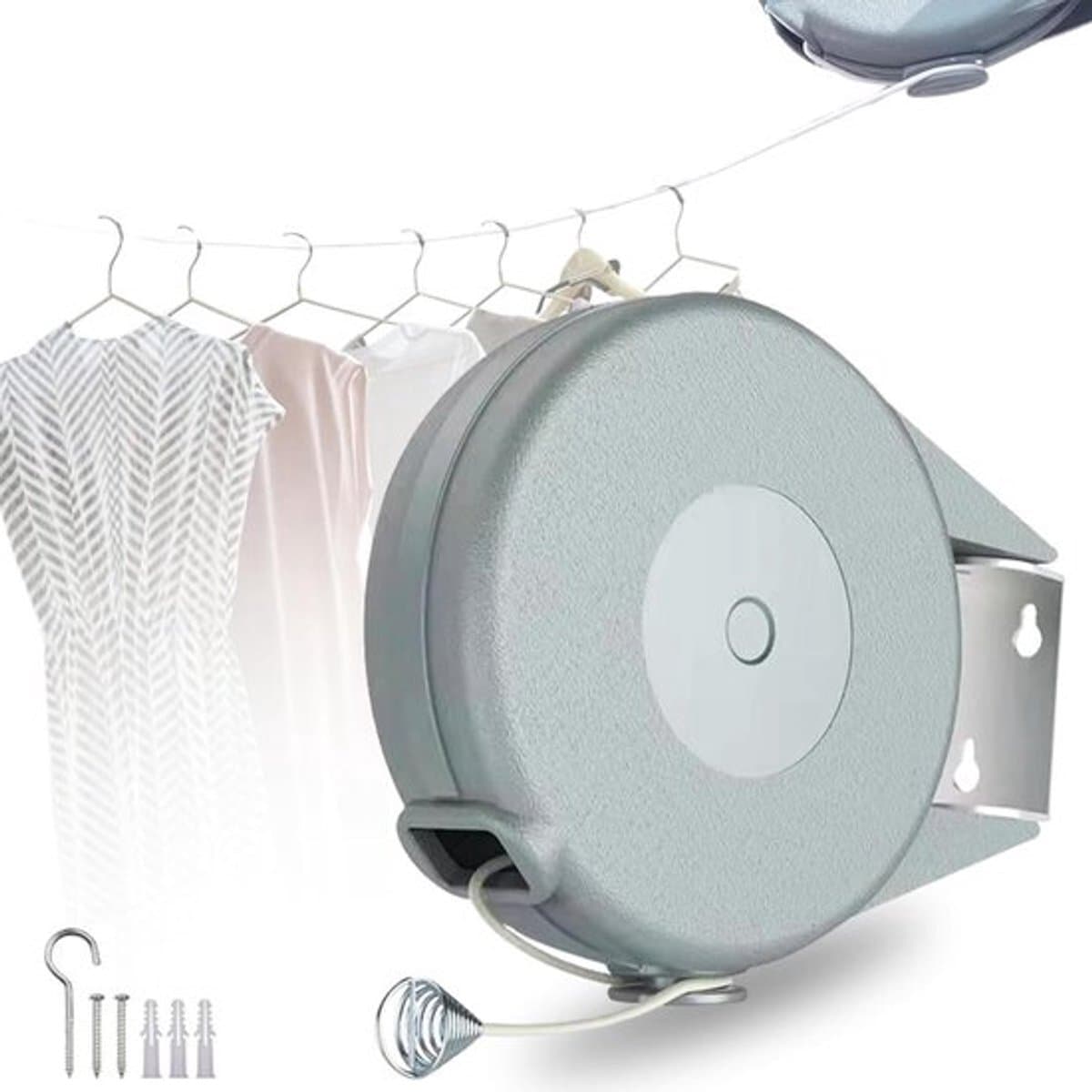 Waslijndraad - 15 meter - Waslijn - Uittrekbare Waslijn - Roldrooglijn - Drooglijn Oprolbaar - Wasrek - wanddroogrek - droogrek - voor kamperen - om doorzakken te voorkomen - voor het drogen van kleding binnen en buiten - grijs — afbeelding 1