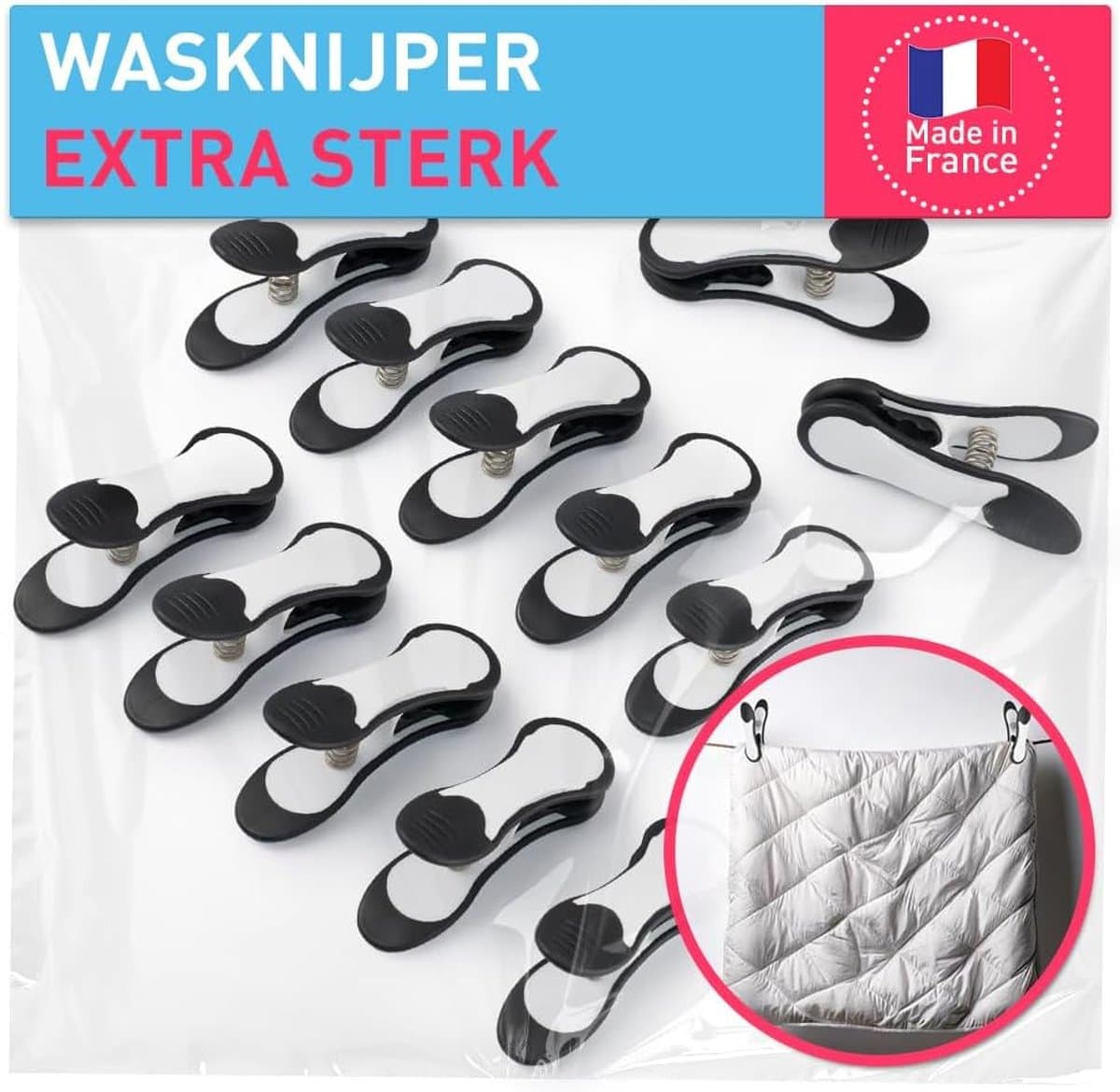 SnelShoppen - Extra Grote Kledingknijpers 12 Stuks, Zwart en Wit, Sterke Maxi Clips, Tot 22 mm Open, Voor Dekbedden en Strandlakens, Made in Frankrijk — afbeelding 1