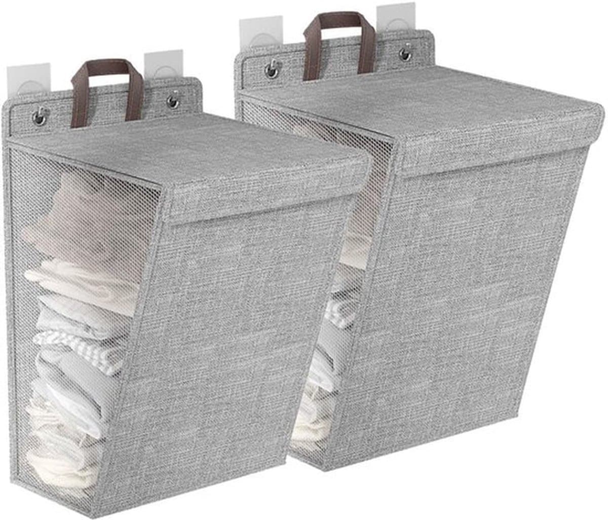 Wasmand met Deksel - Wasmand 3 Vakken - Wasmanden - Wasmanden Beige - Wasmanden Grijs - Groot Capaciteit 58 x 41 x 15 cm - Wascontainer — afbeelding 1