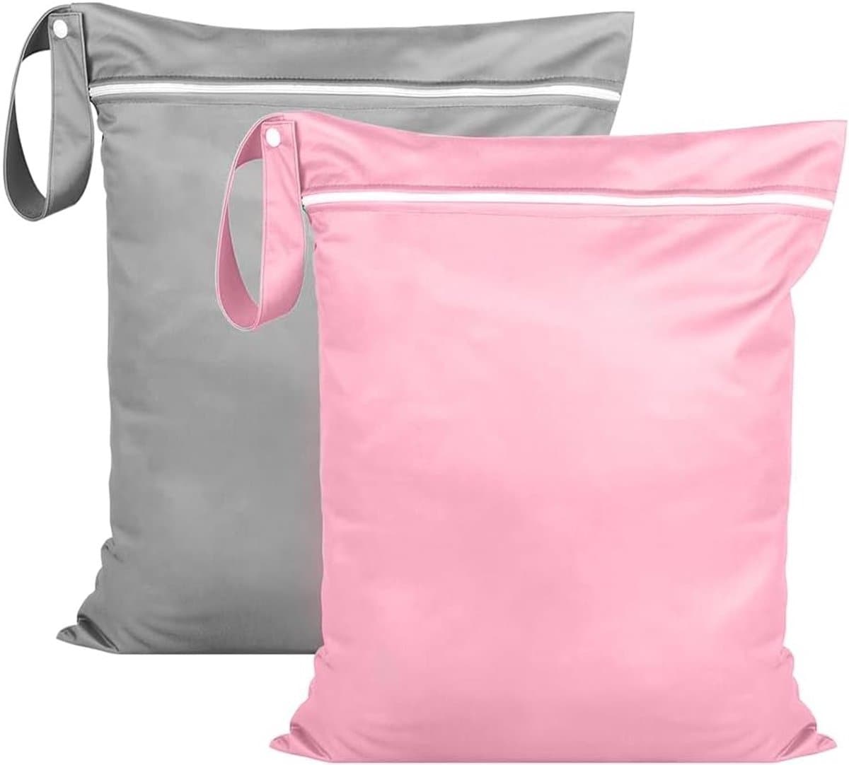 Natte zakken 38 x 48 cm, waterdichte waszak voor zwemkleding, luiers en strandhanddoeken, herbruikbaar met ritssluiting (set van 2, grijs + roze) — afbeelding 1