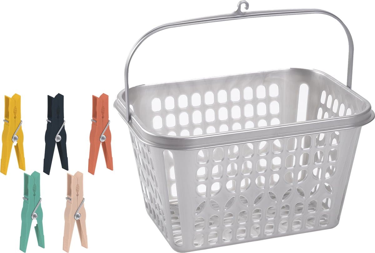 Wasknijper mandje - bakje - zilver - inclusief 52x wasknijpers - kunststof - knijpermandje — afbeelding 1