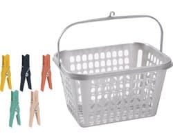 Wasknijper mandje - bakje - zilver - inclusief 52x wasknijpers - kunststof - knijpermandje
