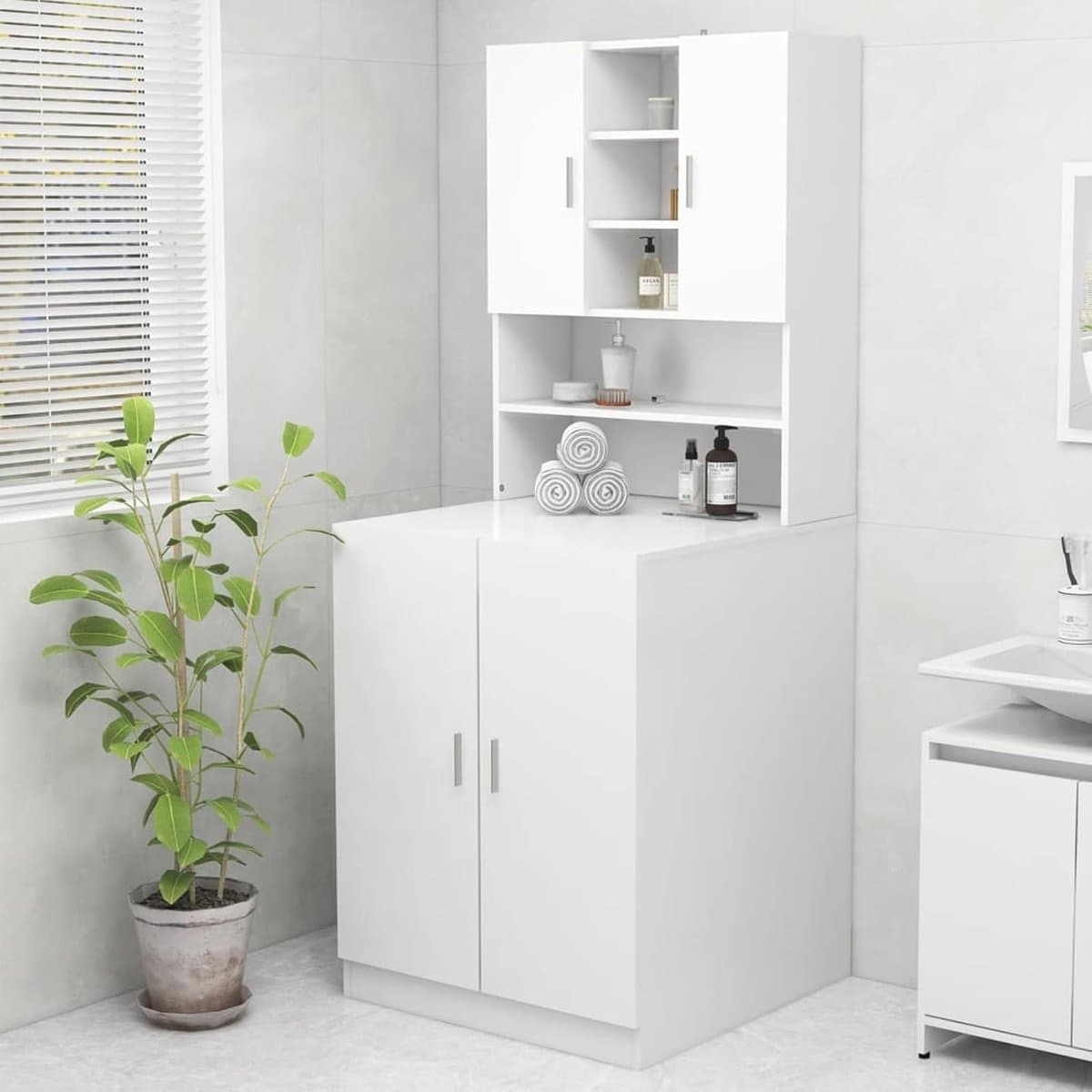 Wasmachinekast - Badkamerkast Organizer - Opbergen - Houten Constructie - 705 x 255 x 90 cm - Wit — afbeelding 1