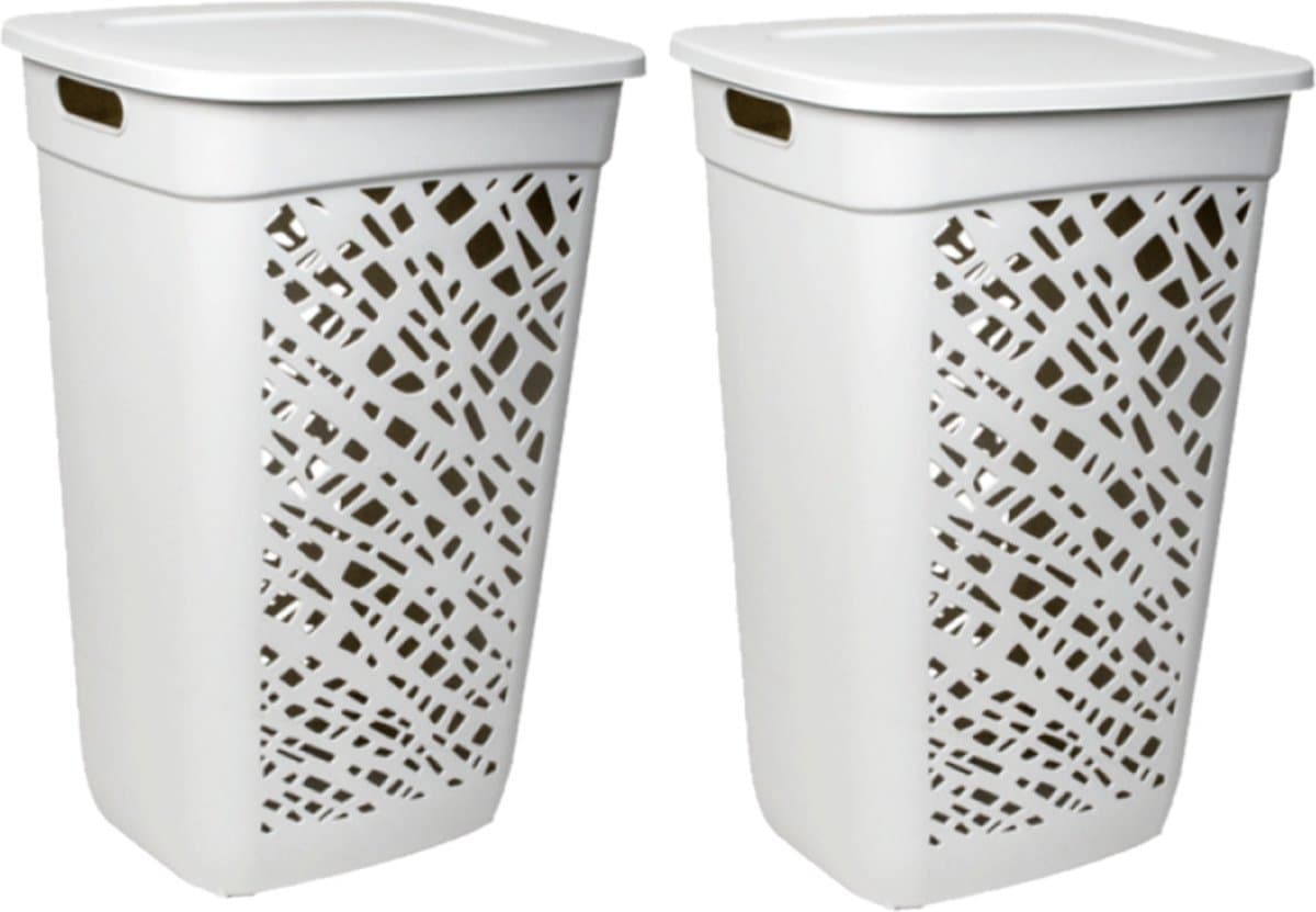 2x stuks wasmanden/wasboxen met deksel licht grijs kunststof L43 x B36 x H63 cm - 60 liter - Wasmanden/wasboxen — afbeelding 1