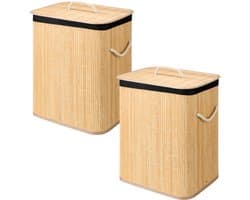 Kipit Wasmand van bamboe - 2x - zwart / bruin - 60 liter - 40 x 30 x 50 cm - met deksel - met binnendoek