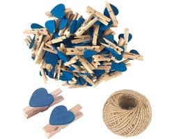 Mini Houten Hartknijpers - Fotoclips Knijpers - Foto's Ophangen - Natuurlijk Hout Materiaal - 3 cm - Blauw