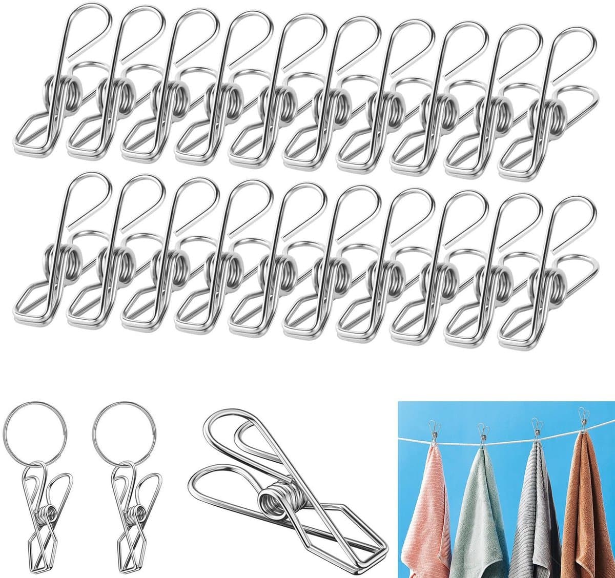 Dailygoods- Wasknijpers 100 Stuks - Roestvrij Staal - Sleutelringen 50 Stuks - UV-bestendig - Voor Kleding/Handdoeken - Verbeter je Levenskwaliteit - Klemmen — afbeelding 1