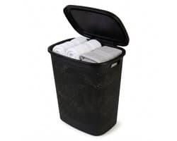 Cheqo® Wasmand met Deksel - Wasbox Zwart - Rotan Look Gevlochten - Opbergmand voor Badkamer en Slaapkamer - met Handvatten en Ventilatie - Waskorf voor Wasruimte - Wasgoedmand met Klapdeksel - Linnenmand - Grote Wasverzamelaar voor Wasgoed