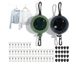 Waslijn uittrekbaar - Outdoor lijn - Reizen en kamperen - Handslinger spanner - 10 meter - Zwart groen