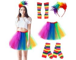 4 stuks regenboog dameskostuum, carnaval regenboog kostuum dames, met regenboog tule rok, kleurrijke veren hoofdband, regenboog-kniekousen, vingerloze handschoenen, voor carnaval, cosplay
