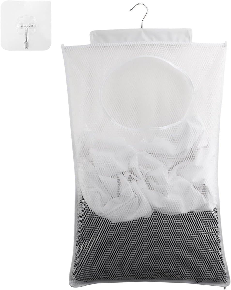 Premium - Duurzame waszak om op te hangen aan de deur - Mesh-polyester - Zelfklevende haken - Slaapkamerkasten - Deuren - Muren - Reizen - Wit - Zwart. — afbeelding 1