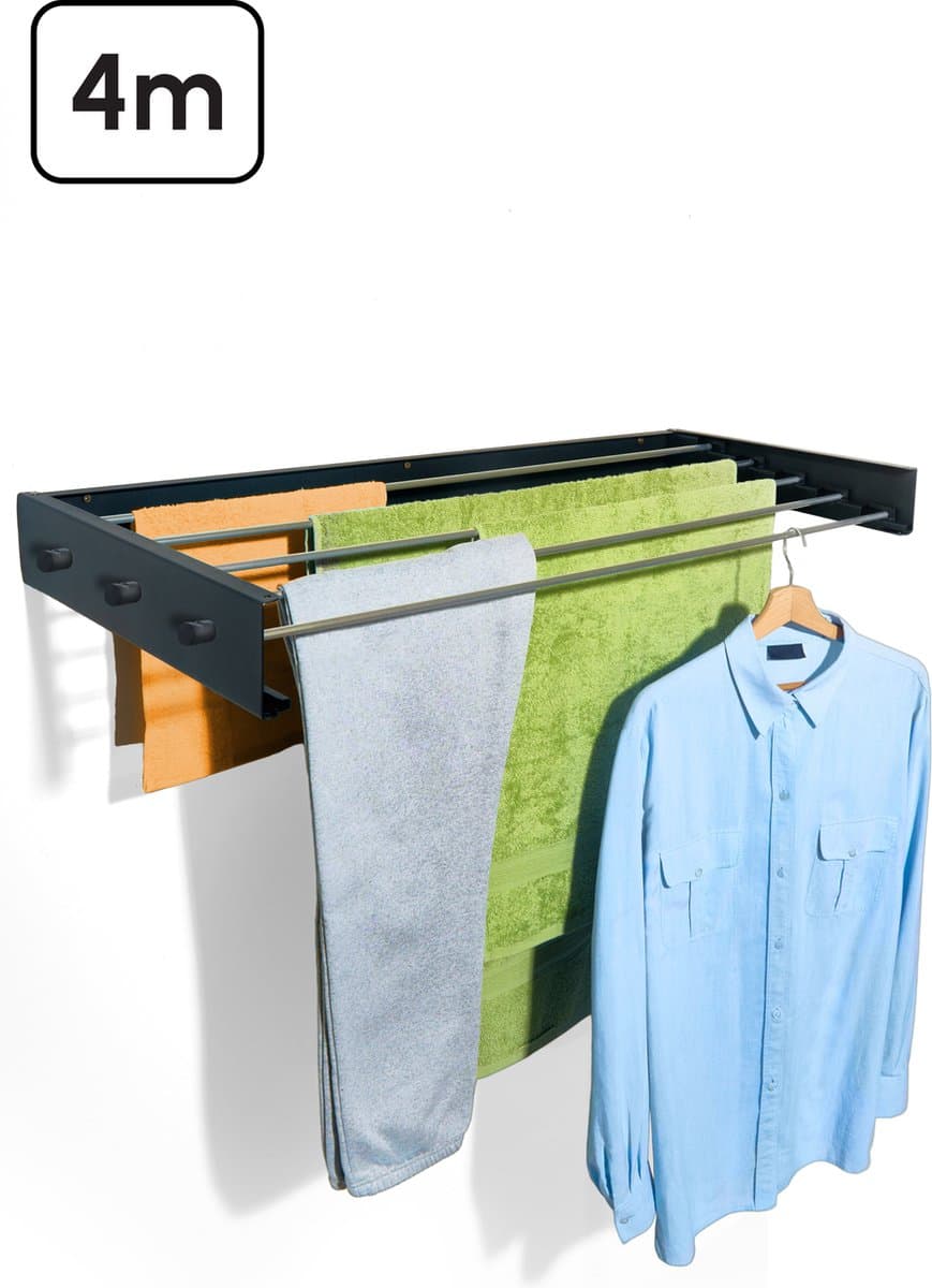 Bodo® In- en uitklapbaar droogrek met Ophanghaken - Zwart - 4m Drooglengte — afbeelding 1