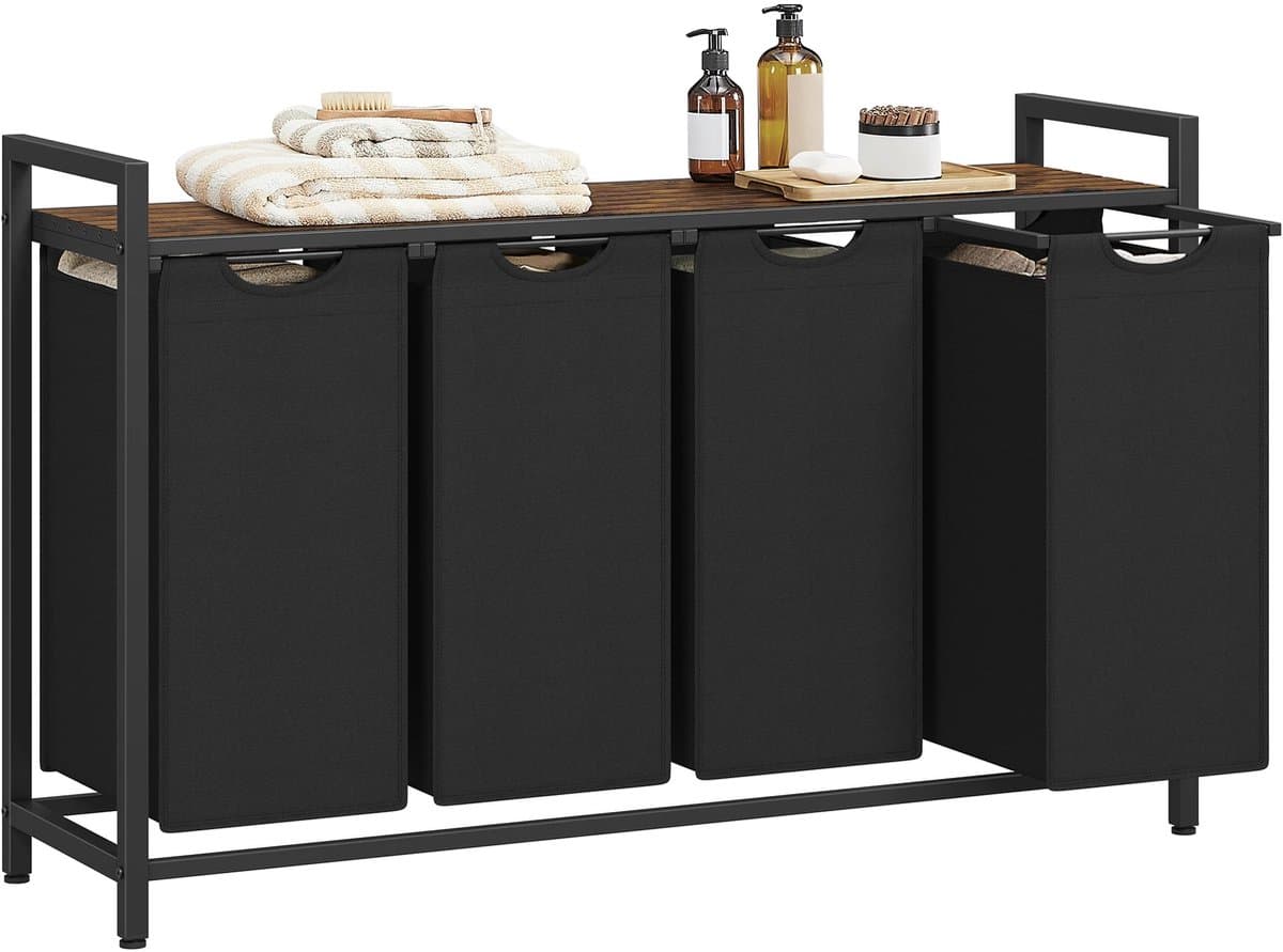 Amolass - Wasmand - Wassorteerder - 4 vakken - Wasmandmeubel - Met Bovenplank - 4x40L - 116 x 33 x 72 cm - Zwart - Modern — afbeelding 1